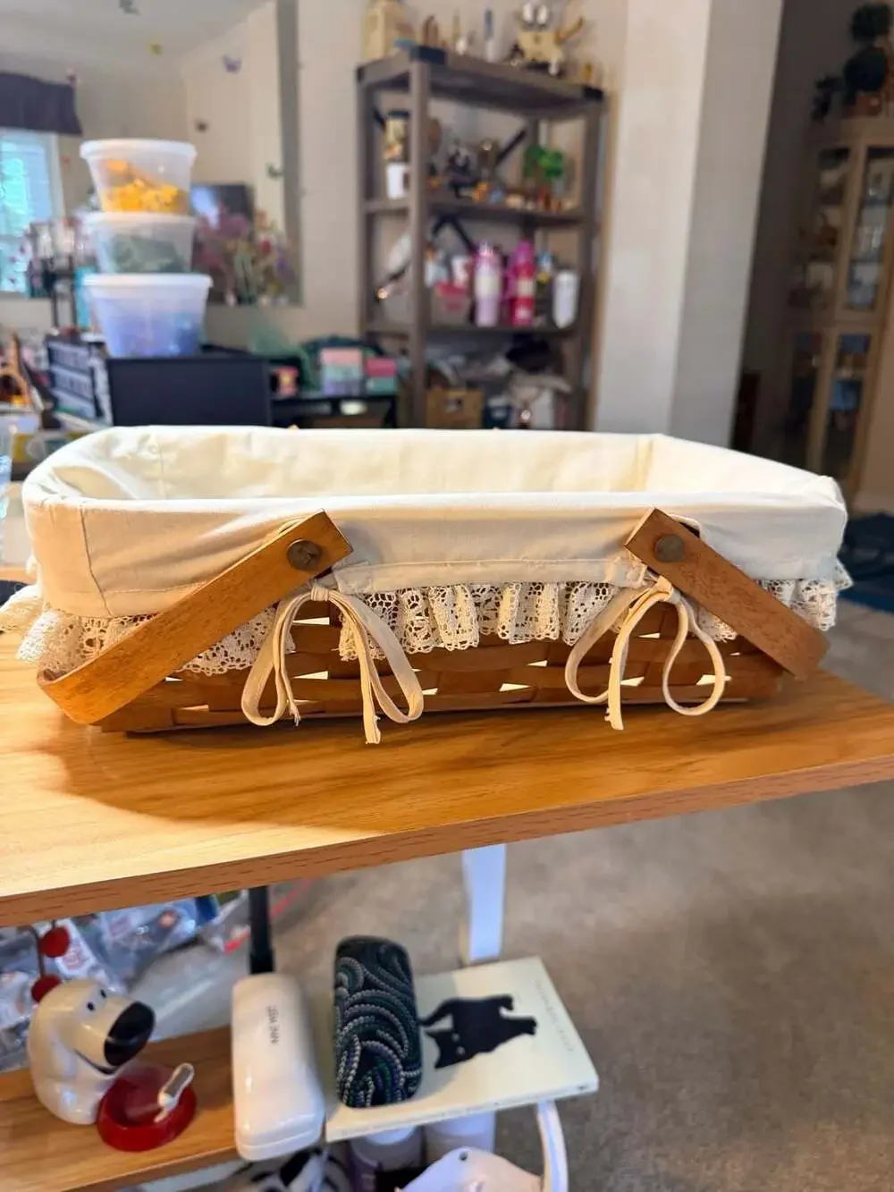 Vintage 1991 Longaberger Handled Basket with Lace-Trimmed Liner
